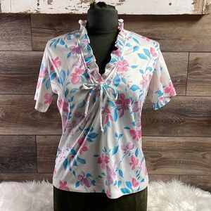 FRAYNE Womens Vintage Pastel Floral Top Ruffles Neckline Cottagecore Size Small